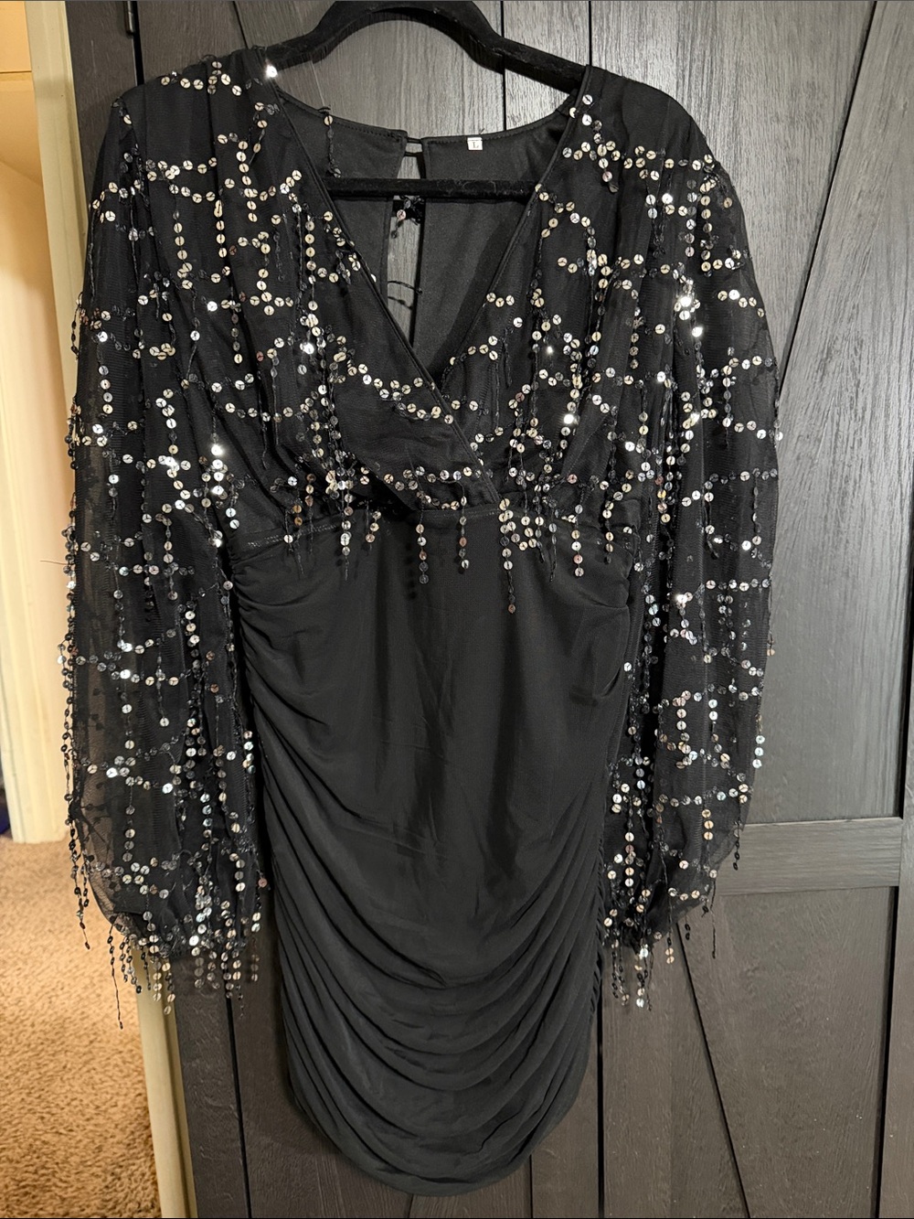 Black Sequin Draped Cocktail Dress